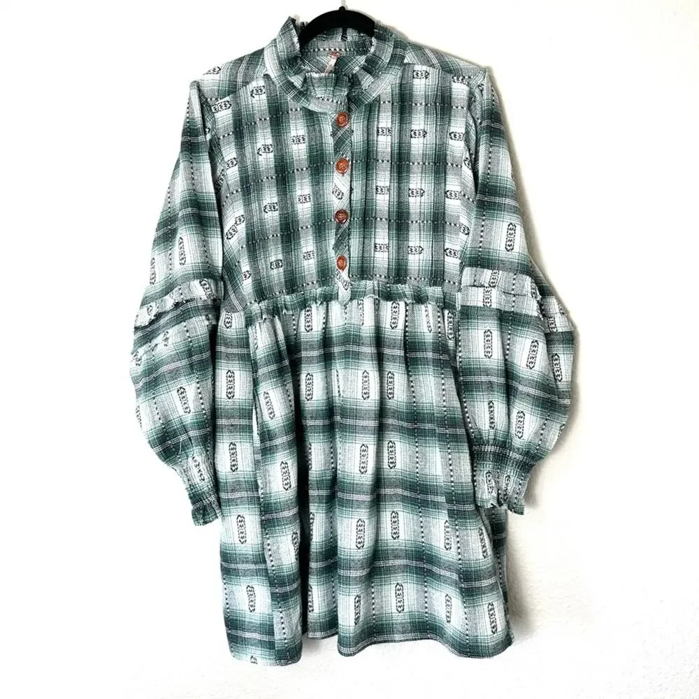 Free People Green Redwood Flannel Plaid Babydoll Mini Dress Size Medium